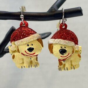 Christmas Holiday Pup Dog Dangle Earrings Red Glittered Santa Hat .75"x1"